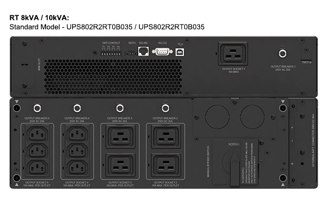 Delta RT 5/6/8/10 kVA egyfázisú UPS modellek hátlapjai - standard és bővíthető kivitelek, EMEA