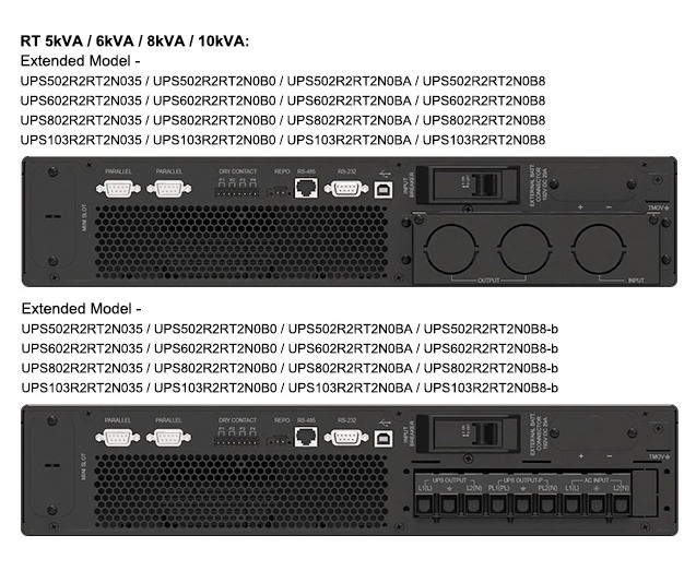 Delta RT 5/6/8/10 kVA egyfázisú UPS modellek hátlapjai - standard és bővíthető kivitelek, EMEA