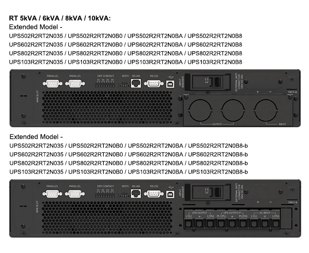 Delta RT 5/6/8/10 kVA egyfázisú UPS modellek hátlapjai - standard és bővíthető kivitelek, Kína