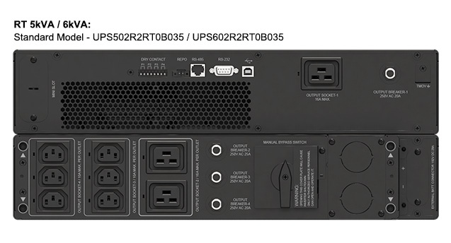 Delta RT 5/6/8/10 kVA egyfázisú UPS modellek hátlapjai - standard és bővíthető kivitelek, EMEA