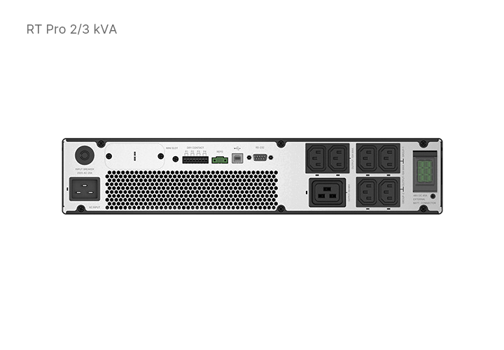 Delta RT Pro 2-3 kVA UPS hátlap, kimeneti aljzatokkal és kommunikációs portokkal